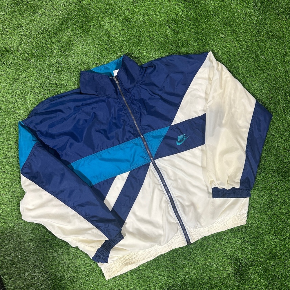 Vintage Nike Windbreaker Jacket Mens Large Navy White Teal Colorblock Zip 80s